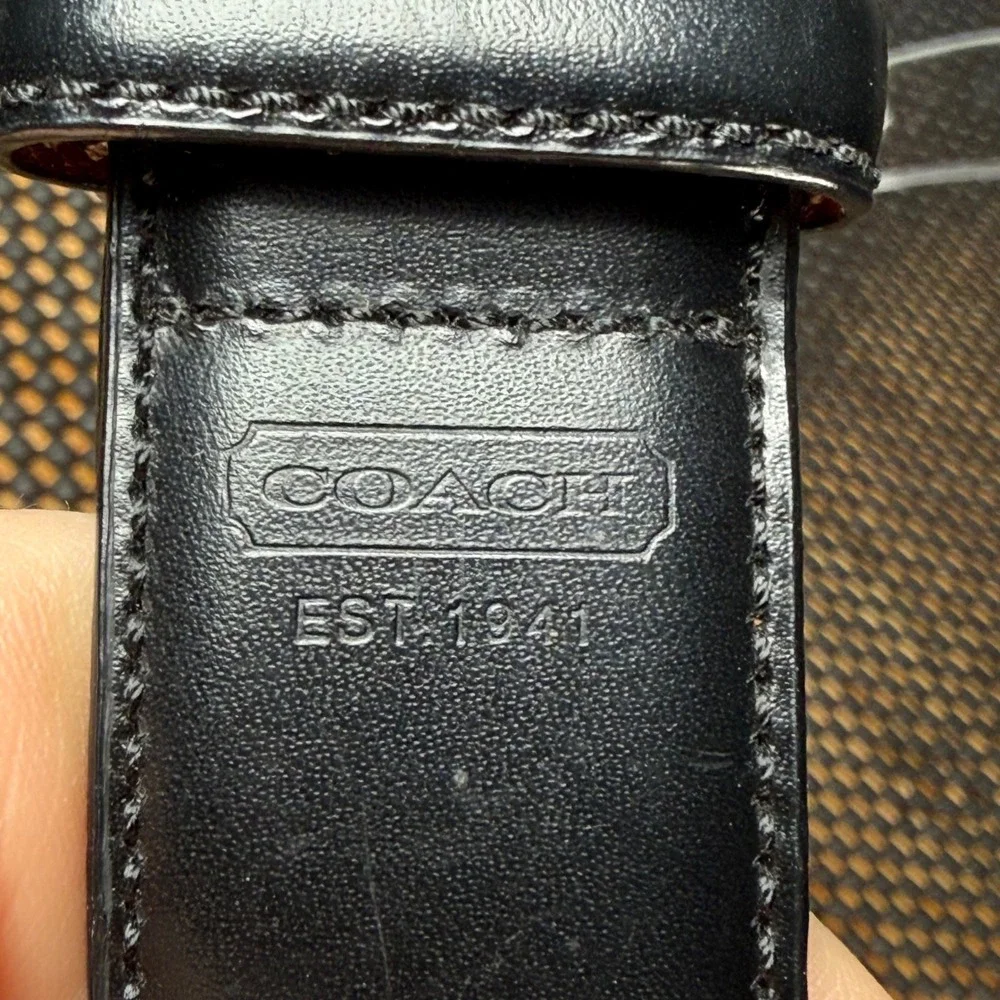 Coach Calfskin Leather Belt Men 34 Black Solid Brass Buckle Stitched Classic